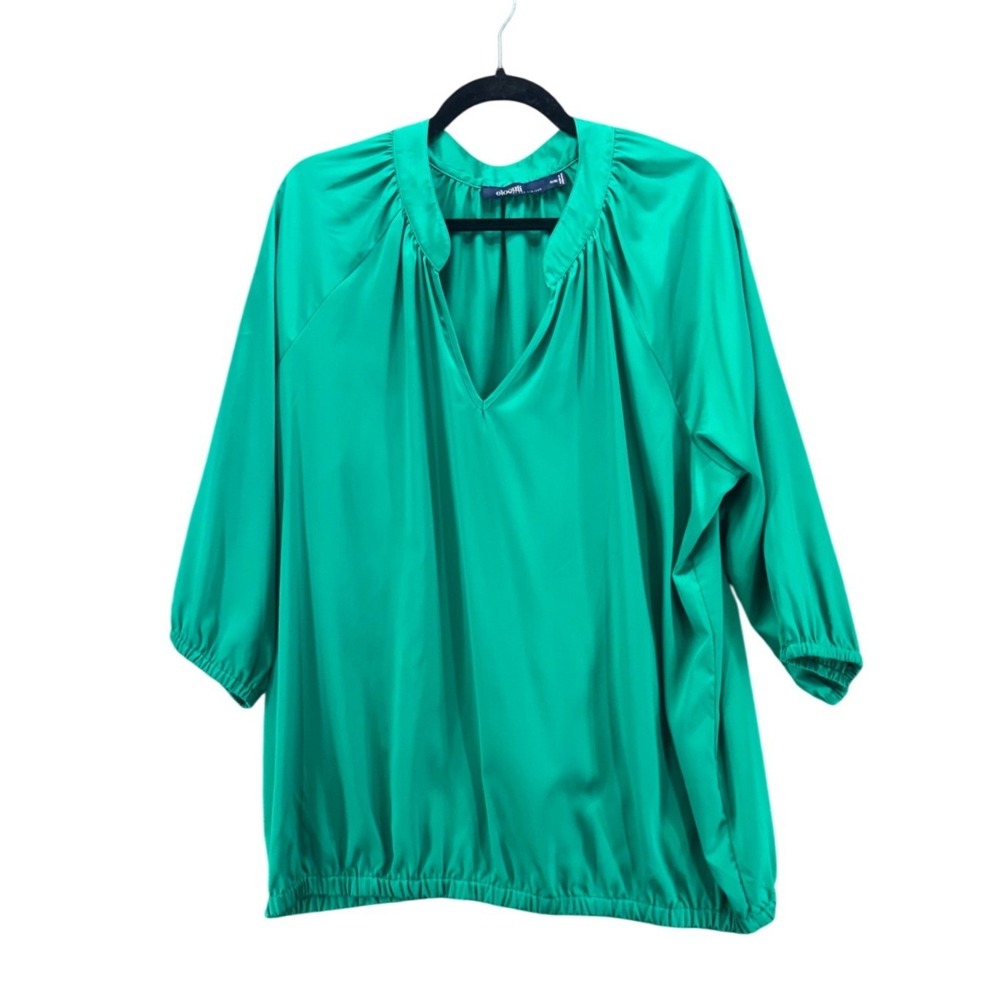 Eloquii Womans Satin V-Neck Blouse Size 18 20 Emerald Green Elastic Hem Holiday